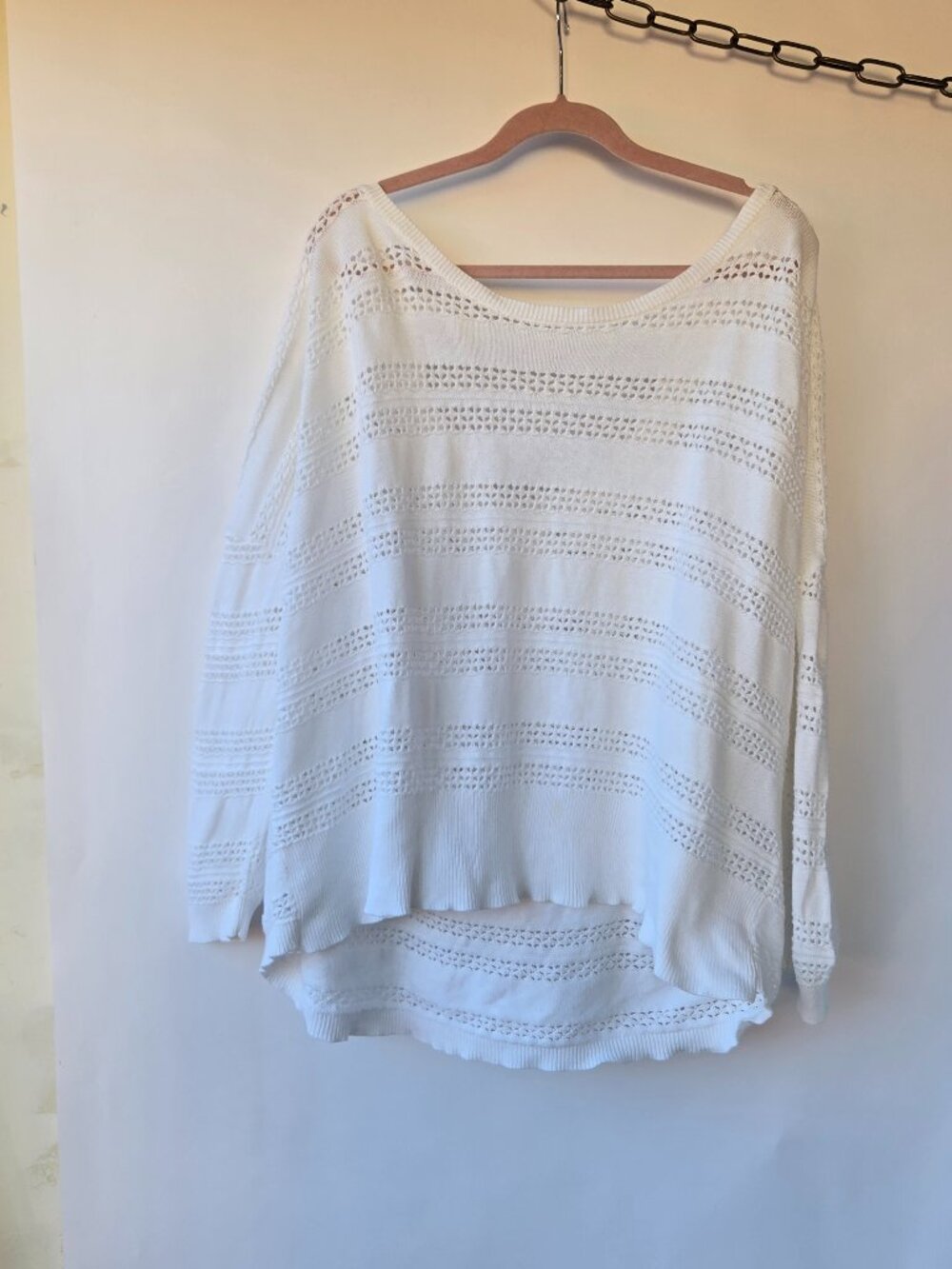 White Pointelle Knit Slouchy Relaxed Fit Off-Shoulder Sweater Cut-out Back